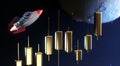 A Space Rocket Flies Over Golden Trading Candles to the Moon on a Space Background with Stars.