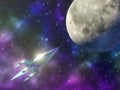 Space rocket flies to the moon on the background of a beautiful starry sky. Multicolored space nebula. 3D rendering Royalty Free Stock Photo