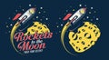 Space rocket flying around the planet with craters - retro emblem poster Royalty Free Stock Photo