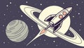 Space Rocket Flying Past Ringed Planet, Galactic Adventure Vector Design Generative AI Royalty Free Stock Photo