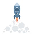 Space rocket flying to the sky vector flat illustration. Space rocket starts up launch, innovation technology, space