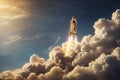 Space rocket flying toward the clouds believable. ai generative