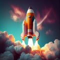 Space rocket flying toward the clouds believable rocket icon Having a successful company concept is a challenge. launching a fresh