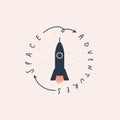 Space rocket and handwritten text space adventures. Vector illustration