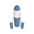 Space rocket isometric icon. Starship ready launch with yellow illuminator.