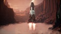 A space rocket lands on an unknown beautiful planet. 3D Rendering.