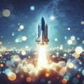 Space rocket launch in clear skies, startup concept on blurry glowing black circles background. ai generative Royalty Free Stock Photo