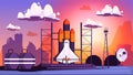 Space rocket launch composition. Cartoon space shuttle with crew and cargo rocket, space exploration concept background