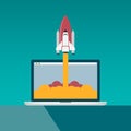Space rocket launch from a computer. Concept for new idea, project start up, new product or service. vector illustration