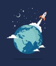 Space rocket launch from Earth globe into space, vector illustration Royalty Free Stock Photo