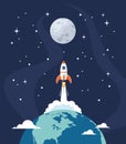 Space rocket launch from Earth globe to Moon, flat vector illustration Royalty Free Stock Photo