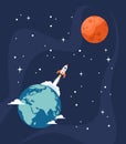 Space rocket launch from Earth to Mars, vector illustration Royalty Free Stock Photo