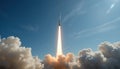 Space Rocket Launch with Fiery Thrust into Blue Sky Royalty Free Stock Photo