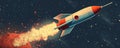 Space rocket launch, flat design, top view, outer space theme, cartoon drawing, colored pastel