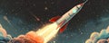 Space rocket launch, flat design, top view, outer space theme, cartoon drawing, colored pastel