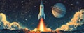 Space rocket launch, flat design, top view, outer space theme, cartoon drawing, colored pastel