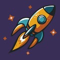 Space rocket launch and flies. Rocketship retro vintage vector illustration. Royalty Free Stock Photo