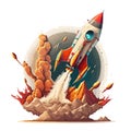 Space Rocket Launch And Flies. Rocketship Retro Vintage Vector Illustration.