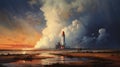 Space Rocket Launch: A Nostalgic Painting With A Touch Of Classical Landscapes