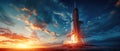 space rocket on launch pad, panoramic shot of the sky and the setting sun in the background Royalty Free Stock Photo