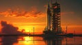 space rocket on launch pad, panoramic shot of the sky and the setting sun in the background Royalty Free Stock Photo