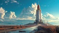 space rocket on launch pad, panoramic shot of the sky and the setting sun in the background Royalty Free Stock Photo