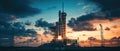 space rocket on launch pad, panoramic shot of the sky and the setting sun in the background Royalty Free Stock Photo