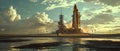 space rocket on launch pad, panoramic shot of the sky and the setting sun in the background Royalty Free Stock Photo