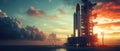 space rocket on launch pad, panoramic shot of the sky and the setting sun in the background Royalty Free Stock Photo