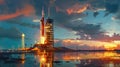 space rocket on launch pad, panoramic shot of the sky and the setting sun in the background Royalty Free Stock Photo