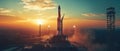 space rocket on launch pad, panoramic shot of the sky and the setting sun in the background Royalty Free Stock Photo