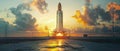 space rocket on launch pad, panoramic shot of the sky and the setting sun in the background Royalty Free Stock Photo