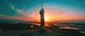 space rocket on launch pad, panoramic shot of the sky and the setting sun in the background Royalty Free Stock Photo