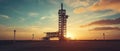 space rocket on launch pad, panoramic shot of the sky and the setting sun in the background Royalty Free Stock Photo