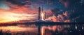 space rocket on launch pad, panoramic shot of the sky and the setting sun in the background Royalty Free Stock Photo