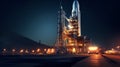 Space rocket is on launch pad before start at night, heavy ship and lights on sky background. Concept of travel, technology,