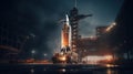 Space rocket is on launch pad before start at night, modern spaceship on sky background, fantasy view. Concept of travel,