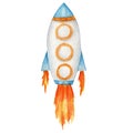 Space rocket launch. Spaceship start isolated watercolor illustration. Cute Cartoon kids space ship.