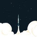 Space rocket launch. Spaceship take off with fire and jet smoky trail. Space travel and start up isolated cartoon vector Royalty Free Stock Photo