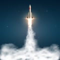 Space rocket launch. Spaceship take off with fire and jet smoky trail. Space travel and start up isolated vector Royalty Free Stock Photo