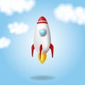Space rocket launch. Start up concept. Realistic vector illustration. Blue background and clouds. From the rocket to the ground Royalty Free Stock Photo