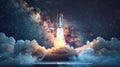 Space rocket launching from laptop screen, merging virtual & real worlds, Ai Generated Royalty Free Stock Photo