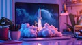 Space rocket launching from laptop screen, merging virtual & real worlds, Ai Generated Royalty Free Stock Photo