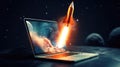 Space rocket launching from a laptop screen in a virtual space journey. Ai Generated Royalty Free Stock Photo