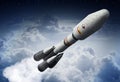 Space rocket leaves Earth`s atmosphere. 3D illustration Royalty Free Stock Photo