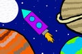 Space rocket in outer space against the background of stars and planets. Children's drawing Royalty Free Stock Photo