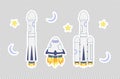 Space rocket set. Three modern reusable spacecrafts. Cartoon sticker style. Flat vector illustration isolated on white background