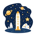 Space rocket with stars and planets in night sky, flat art style icon with copy space for text and imagination Royalty Free Stock Photo