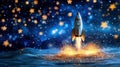 Space rocket takes off from mobile device with smoke, creative idea. Application startup. optimization, and Acceleration Royalty Free Stock Photo