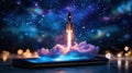 Space rocket takes off from startup. device with mobile creative idea. Application and optimization, concept Royalty Free Stock Photo